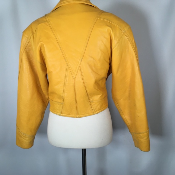 VINTAGE 80's Leather Jacket YELLOW S - Picture 3 of 8